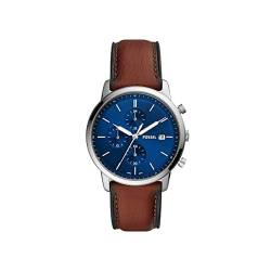 Fossil Minimalist Uhr für Herren, Chronographenwerk mit Edelstahl- oder Lederarmband, Dunkelbraun und Blau, 42MM von Fossil