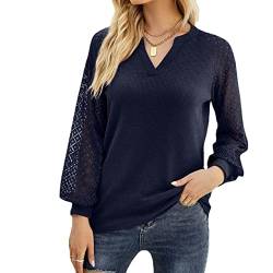 Fotormt Damen Langarm Tops Casual Waffel Spitze Blusen T-Shirt Trendy V-Ausschnitt Herbst Kleidung für Frauen, dunkelblau, M von Fotormt