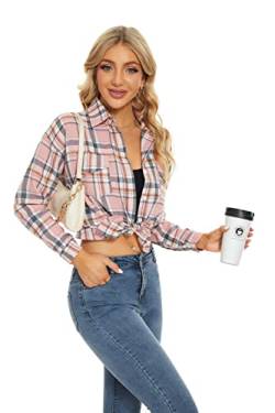 Fourindo Kariertes Hemd Damen - Hemdbluse Damen Baumwolle Flanellhemd Holzfällerhemd mit Knopfleiste Weich & Bequem Langarm Karohemd für Alltag und Oktoberfest Pink-S von Fourindo