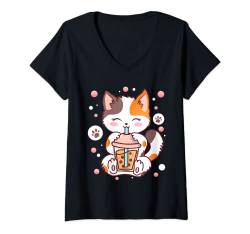 Damen Katze Boba Tee Bubble Tea Kawaii Anime Japanische Neko Mädchen Teenager T-Shirt mit V-Ausschnitt von Fox Brother