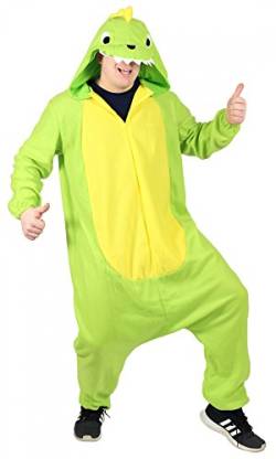Foxxeo Dinosaurier Kostüm für Erwachsene Damen Dino Herren Overall weit grün gelb Pyjama Jumpsuit Tierkostüm Fasching Karneval Party Damenkostüm Herrenkostüm Männer Größe L von Foxxeo
