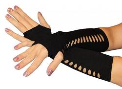 Foxxeo lange schwarze Handschuhe für Damen Damenhandschuhe schwarz löcher sexy Punk Steampunk Burlesque Karneval Fasching fingelose Halloween Netzhandschuhe fingerlos Hände von Foxxeo