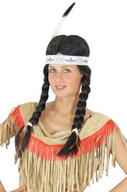 schwarze Indianerin Perücke für Damen Flechtzöpfe mit Feder-Stirnband Indianer Damenperücke von Foxxeo
