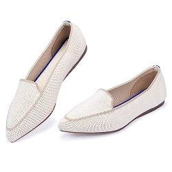 Frank Mully Loafer Flats für Damen Lässiger Strickstoff Leichte Elegante Schuhe Waschbar Elegante Schnürschuhe mit spitzer Zehenpartie Bequeme Schuhe im Ballettstil für, Beige, 36.5 EU von Frank Mully