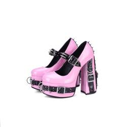 Frankie Hsu Damen Gothic Große Größe Schwarz Lackleder Schnalle Gürtel Ring Nieten Shinny Sexy Plattform Chunky High Heels Knöchelriemen Heeled Bootie Schuhe, Pink, 47 EU von Frankie Hsu