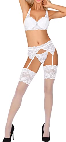 Frauen Dessous Reizwäsche Set aus BH Strapsgürtel und String sowie Strümpfe mit Feinnetz in weiß mit Spitze teiltransparent S/M von Frauen