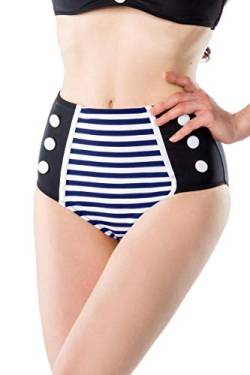 Frauen Retro Vintage Damen Bikinihöschen gestreift schwarz blau weiß mit Knöpfe High-Waist Bademode Marine Look M von Frauen