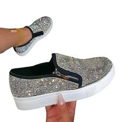 Frdun Damen-Halbschuhe mit rundem Kopf, atmungsaktiv, PU-Glitzer-Strass-Schuhe, Damen-Halbschuhe, glitzernder Reißverschluss, für Herbst, Frühling, Frühsommer von Frdun