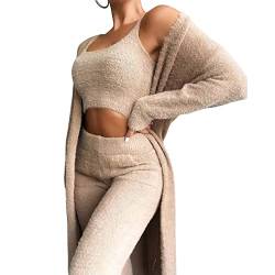 Frdun Sexy Solid Fleece Pyjama Anzug, Damen Fuzzy Pajamas 3pc Anzug, Hooded Cardigan Crop Top, Open Front Cardigan Crop Tank Top für Alltag Arbeit Einkaufen von Frdun