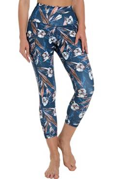 Free Leaper 7/8 Leggings Damen Hohe Taille Yogahose Länge mit Taschen Sporthose (Blaue Weiße Blumen, XL) von Free Leaper