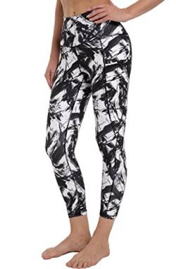 Free Leaper 7/8 Leggings Damen Hohe Taille Yogahose Länge mit Taschen Sporthose (Schwarz-weißer Splitter, 2XL) von Free Leaper