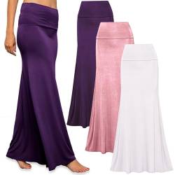 Free to Live - 3er-Pack Damen Fold Over Flowy High Waist Maxi Röcke – Flare Style, Bodenlänge, Lila, Rose, Weiß, Mittel von Free to Live