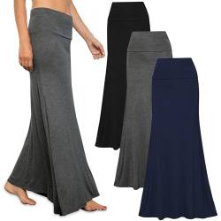 Free to Live - 3er-Pack Damen Fold Over Flowy High Waist Maxi Röcke – Flare Style, Bodenlänge, Schwarz, Anthrazit, Marineblau, Groß von Free to Live