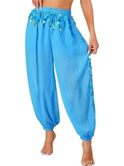 Freebily Damen Bauchtanz Hose Glänzendes Pumphose/Schlaghose Flared Pants Mit Pailletten Glitzer Belly Dance Pants Arabische Tribal TanzKostüm B_Himmelblau Einheitsgröße von Freebily