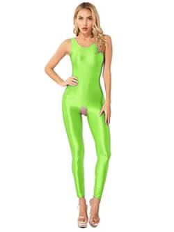 Freebily Damen Glänzend Nylon Bodysuit Sexy Glatt Ganzkörperanzug Jumpsuit Strümpfe Leggings Einteiler Dessous Tanz Clubwear Neongrün_I S von Freebily