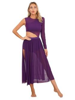 Freebily Damen Lyrische Tanzkleider Trikot Langarm Ärmellos Walzer Tango Ballsaal Kleid Tüll Maxikleid Schlitz Swing Rock Moderne Tanzkostüm B_Violett L von Freebily