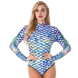 Freebily Damen Meerjungfrau Bikini Langarm Rash Guard Fischschuppen Bodysutit Badeanzug Bademode Einteilige Badebekleidung Strandmode Colorful_B L-XL von Freebily