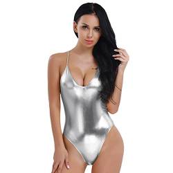 Freebily Damen Metallic Bodysuit Leder Tief V-Ausschnitt Glitzer Bikini Monokini Ballettanzug Body Tanz Trikot Thong Leotard Silber M von Freebily