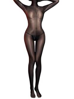 Freebily Damen Nylon Bodystocking Ganzkörper Strumpfhose Mit/Ohne Offene Schritt Öl Glänzend Ganzkörperanzug Schrittlose Reizwäsche Schwarz_A Einheitsgröße von Freebily