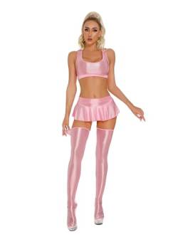 Freebily Damen Nylon Dessous Set Glänzend Glossy Body Stockings Kleid Transparent Crop Top Minirock Sexy Erotische Nachtwäsche Kleid Clubwear Rosa_P XL von Freebily