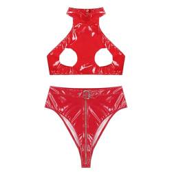 Freebily Damen Sexy Lackleder Dessous Set Ouvert Leder Spitze BH Offene Büstenhebe String Slip Erotische Unterwäsche Lingerie Reizwäsche Typ_G_Rot L von Freebily