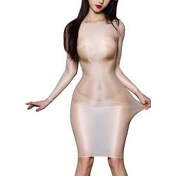 Freebily Damen Transparent Bodycon Kleid Glanz Glossy Bodystockings Stretch Bandage Kleid Erotik Negligee Nachtkleid Etuikleid C_Nude Einheitsgröße von Freebily