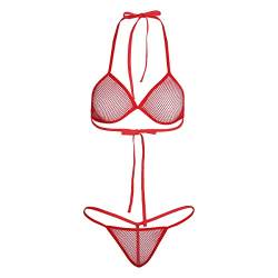 Freebily Damen Transparent Netz Dessous Set Erotik Bikini Set Neckholder Bikini BH mit G-String Fischnetz Lingerie Set Reizwäsche Rot L von Freebily