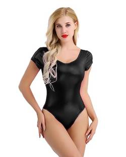 Freebily Damen Wetlook Body Glänzend Tanzbody Ballett Leotard Gymnastikanzug Turnanzug Trikot Disco Party Gogo Tanzkleidung Overall Schwarz kurzarm S von Freebily