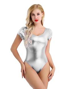 Freebily Damen Wetlook Body Glänzend Tanzbody Ballett Leotard Gymnastikanzug Turnanzug Trikot Disco Party Gogo Tanzkleidung Overall Silber kurzarm 3XL von Freebily