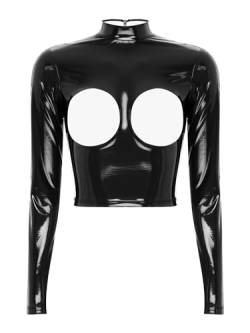 Freebily Damen Wetlook Crop Tank Top Lack Latex Büstenhebe Offene Brust BH Lackleder Unterwäsche Top Party Clubwear Pole Dance Outfit C_Schwarz M von Freebily