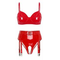 Freebily Damen Wetlook Dessous Set Leder Bikini Set Lingerie Lack Bra & G-String Unterwäsche Erotik Negligee Nachtclub Gogo Outfit Clubwear Rot_Q S von Freebily