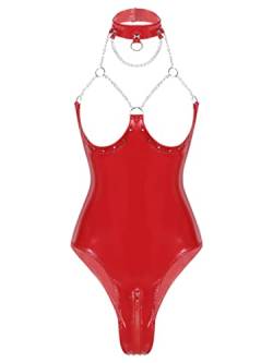 Freebily Damen Wetlook Ouvert-Body Brustfrei Bodysuit Lack Leder Dessous Catsuit Babydoll Glänzend Clubwear Erotik Unterwäsche Reizwäsche Rot B 4XL von Freebily