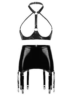 Freebily Damen Wetlook Strapsen Dessous Set Leder Ouvert Hebe BH Büstenhebe Lack Rock Set Brustfreie PVC Unterwäsche B_Schwarz S von Freebily