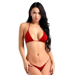 Freebily Damen sexy Bikini Set Triangel BH Glitzer Strass Badeanzug Neckholder Bademode Mini Micro BH Top und G-String Slip Unterwäsche Rot One Size von Freebily