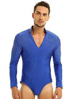 Freebily Herren Bodysuit Langarm Glitzer V-Ausschnitt Hemd Body Overall Tanz Turnanzug Latein Tango Rumba Ballsaal Performance Trikot Tops Royal Blau Large von Freebily