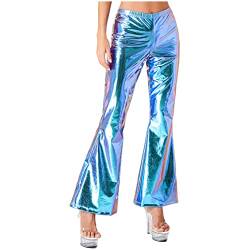 Freebily Herren Damen Glänzende Metallic Schlaghose Leggings Retro 70er 80er Disco Hose Karneval Fasching Kostüm Latein Tanzhosen Damen_Blau M von Freebily