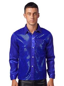 Freebily Herren Glitzer Metallic Hemd Paillettenhemd Glänzende Disco Party Festival T-Shirt Nachtclub Top Langarmhemd Blau_B M von Freebily