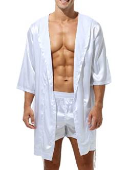 Freebily Herren Satin Bademantel Mit/Ohne Shorts Seide Drucken Morgenmantel Kimono Robe Lang Nachtwäsche Schlafanzug für Männer Weiß_H L von Freebily