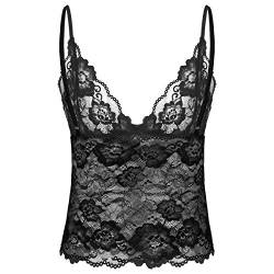 Freebily Herren Sissy Unterhemd Transparent Spitze Dessous BH Spaghetti-Träger Crop Top Männer Erotische Lingerie Unterwäsche Nachthemd Weste Schwarz XL von Freebily