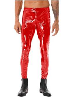 Freebily Herren Wetlook Leggings Lack Leder Schwarz Tights Hosen mit Penis-Loch Männer Ouvert-Panty Lackhose Strumpfhosen Unterwäsche Rot D L von Freebily