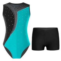 Freebily Kinder Mädchen Turnanzug Glitzer Ärmellos Gymnastikbody Trikot Shorts/Leggings Set Ballett Tanzkleidung Wettkampf Traininganzug A_Blaugrün&Schwarz 122-128 von Freebily