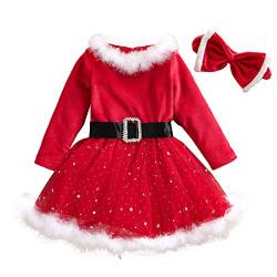 Freebily Kleinkind Baby Mädchen Kleider Festlich Weihnachtskleid Langarm Tutu Kleid Schleifen Stirnband Party Weihnachtskostüm Kleidung Rot B 80-86/12-18 Monate von Freebily