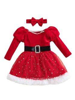 Freebily Kleinkind Baby Mädchen Kleider Festlich Weihnachtskleid Langarm Tutu Kleid Schleifen Stirnband Party Weihnachtskostüm Kleidung Rot U 110-116 von Freebily