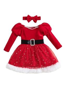 Freebily Kleinkind Baby Mädchen Kleider Festlich Weihnachtskleid Langarm Tutu Kleid Schleifen Stirnband Party Weihnachtskostüm Kleidung Rot U 98-104 von Freebily