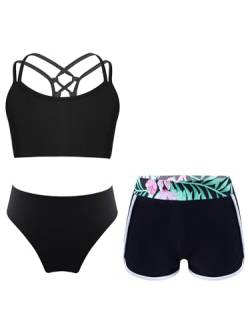 Freebily Mädchen Tankini Set 3-Teilig Badeanzug Bikini Hose Oberteil Badehose Slips Set Kinder Schwimmanzug Badebekleidung Beachwear S Schwarz 158-164 von Freebily