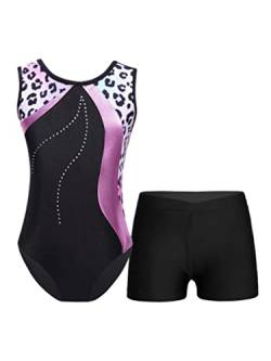 Freebily Mädchen Turnanzug Glitzer Ärmellos Gymnastikbody Trikot Shorts Set Kinder Ballett Tanzkleidung Wettkampf Traininganzug A_Leopard-Rosa 134-140/9-10 Jahre von Freebily