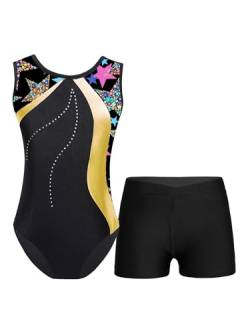 Freebily Mädchen Turnanzug Glitzer Ärmellos Turntrikot Gymnastik Body Shorts Set Kinder Ballett Tanzkleidung Wettkampf Traininganzug A_Gelb 158-164/13-14 Jahre von Freebily