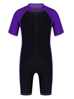 Freebily Unisex Mädchen Jungen Badeanzug mit Bein Einteiler Schwimmanzug UV-Schutz Wassersport Athletic Bademode Swimwear Wetsuit Lila&Schwarz 170-176/15-16 Jahre von Freebily