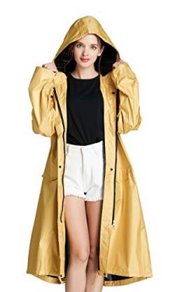 Frauen Langer Regenmantel wasserdichte Regenjacke mit Kapuze Reißverschluss und Taschen im Freien (Gelb, XL) von Freesmily