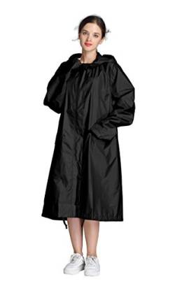 Frauen Langer Regenmantel wasserdichte Regenjacke mit Kapuze Reißverschluss und Taschen im Freien (Schwarz, M) von Freesmily